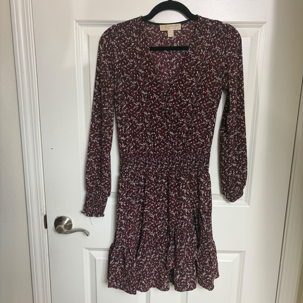 Michael Michael Kors Burgundy Floral Smocked Waist Faux Wrap Mini Dress XXS